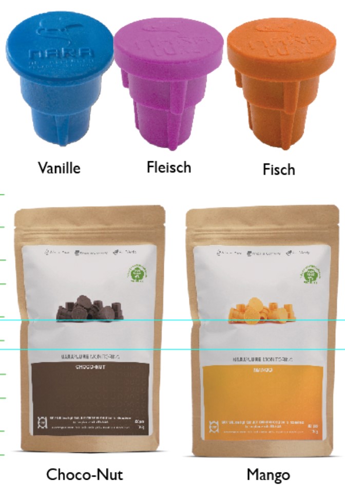 Nara Lure in 5 verchiedenen Geschmacksrichtungen, Vanille, Fleisch, Fisch, Choco-Nuss, Mango